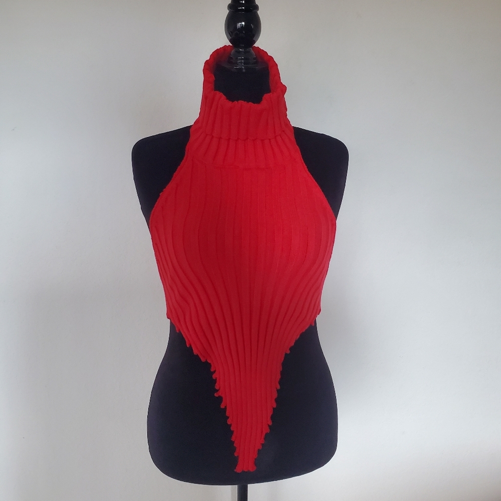 New! Ribbed Knit Halter Top - Red